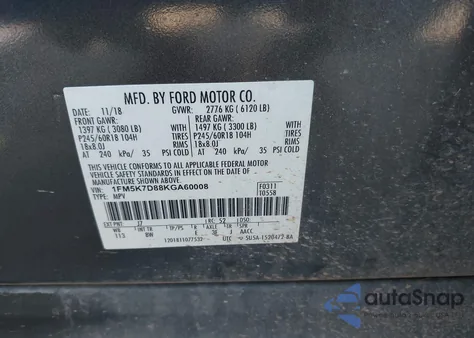 2019 Ford Explorer Xlt z USA, uszkodzony, nr VIN 1FM5K7D88KGA60008